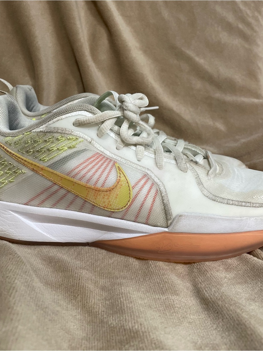 Nike Girls  White Sneakers with Yellow Swoosh and Peach Outsole